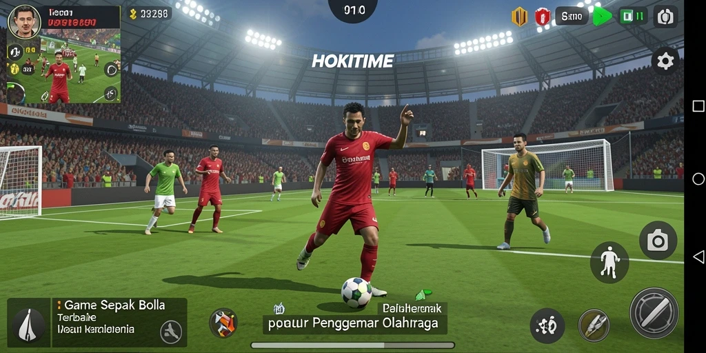Screenshot gameplay HOKITIME menampilkan aksi pertandingan sepak bola yang seru.