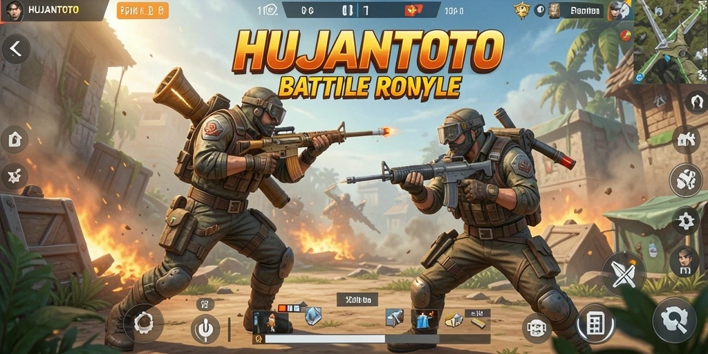Tampilan aksi seru dalam gameplay HUJANTOTO di arena Battle Royale.