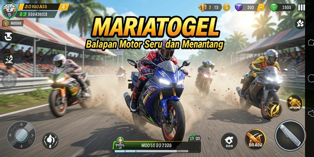 Tampilan gameplay MARIATOGEL yang penuh aksi dengan balapan motor yang seru.