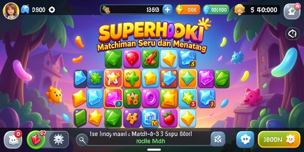 Tampilan menarik dari permainan Match-3 SUPERHOKI dengan karakter unik.